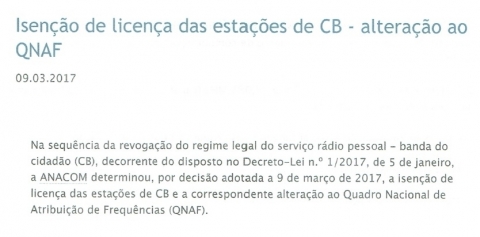 Isenção de licença das estações de CB - alteração ao QNAF - Pedro Nevada