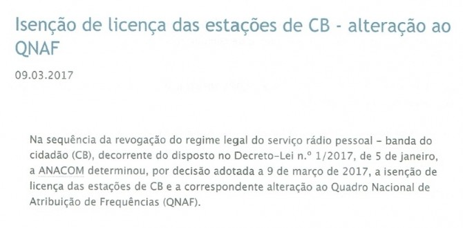 Isenção de licença das estações de CB - alteração ao QNAF - Pedro Nevada